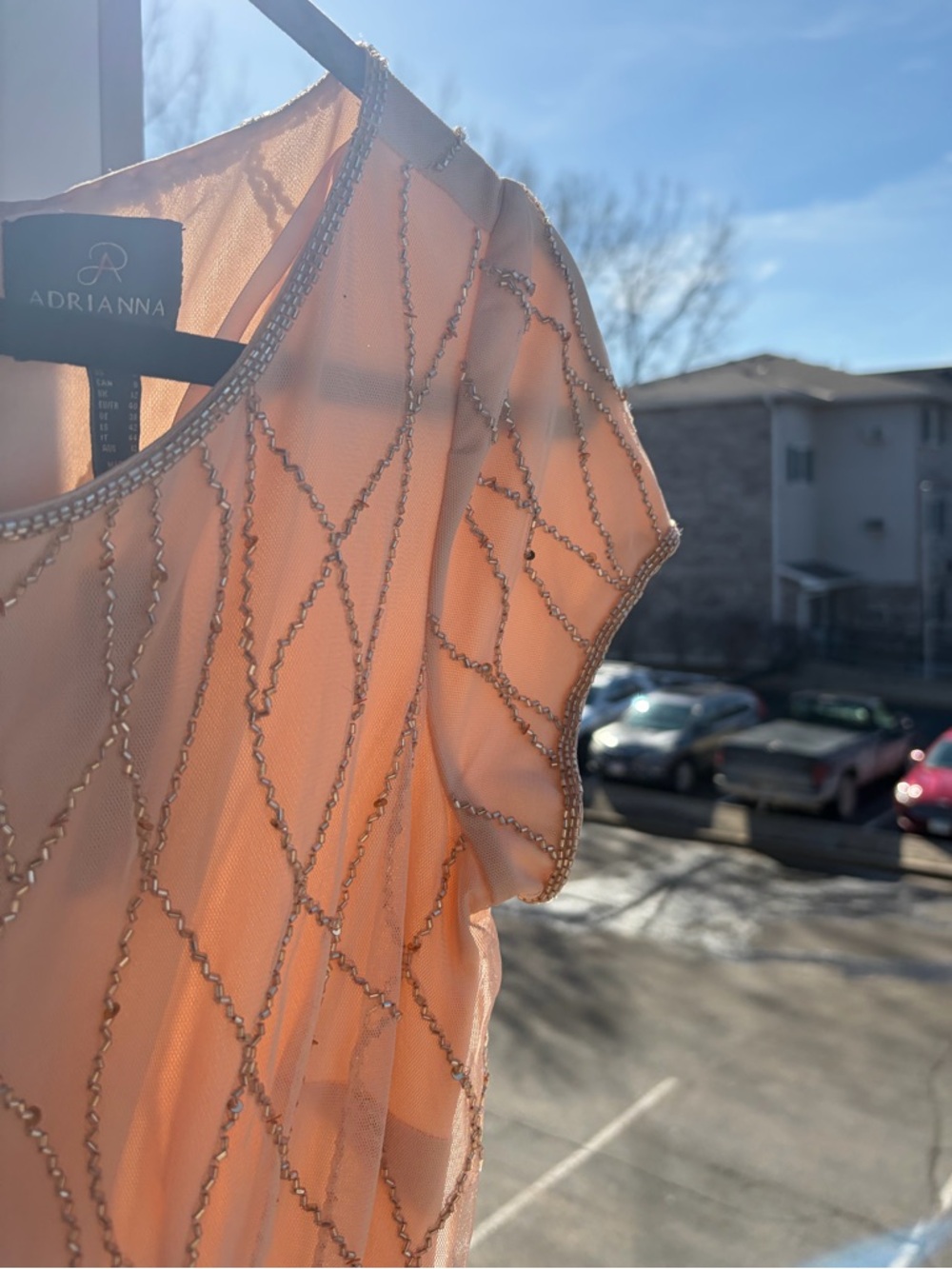 🆕✨ Adrianna Papell Blush Beaded Mesh Gown Maxi Dress Size 8 Sequin Nude Pink - Picture 9 of 16